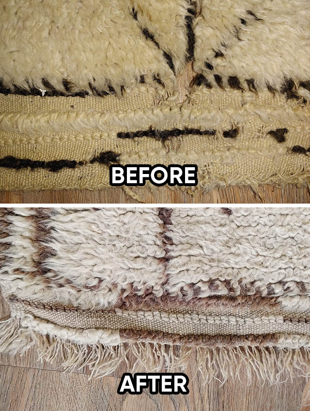 Moroccan Rug Reweaving Damaged Salvage and Fringe Before and After (1)