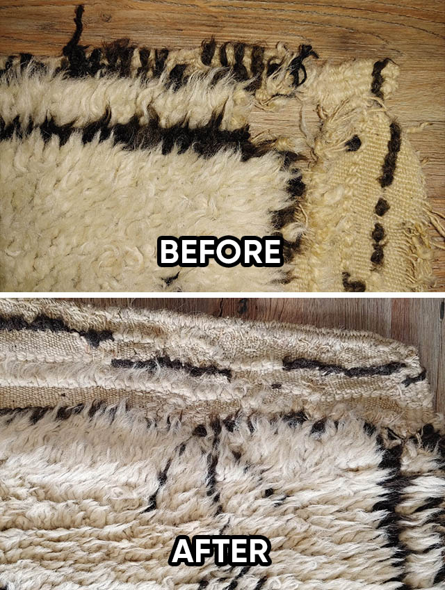 Moroccan Rug Reweaving Damaged Salvage and Fringe Before and After (2)