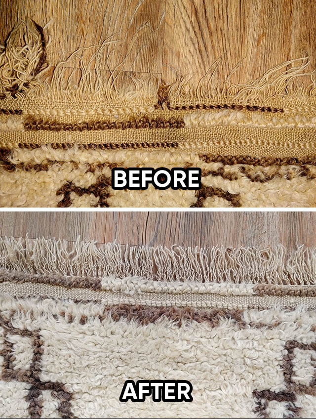 Moroccan Rug Reweaving Damaged Salvage and Fringe Before and After (3)