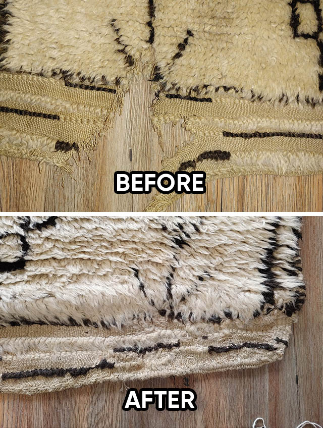Moroccan Rug Reweaving Damaged Salvage and Fringe Before and After