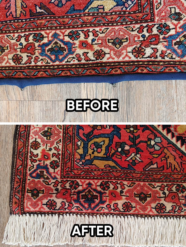 Persian Rug Serging Removal and Add Hand Fringes Before and After (1)