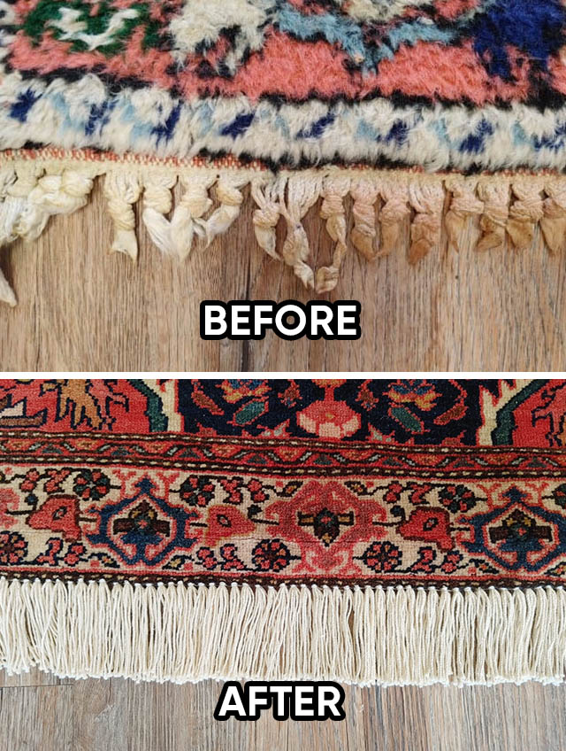 Persian Rug Serging Removal and Add Hand Fringes Before and After