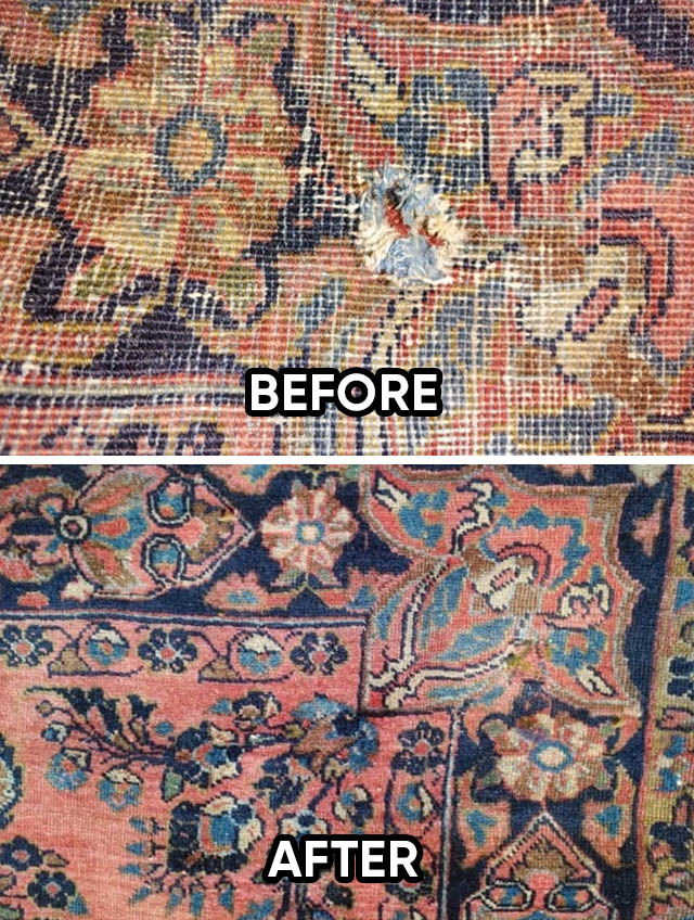 Persian Sarouk Rug Hole Repair Before and After