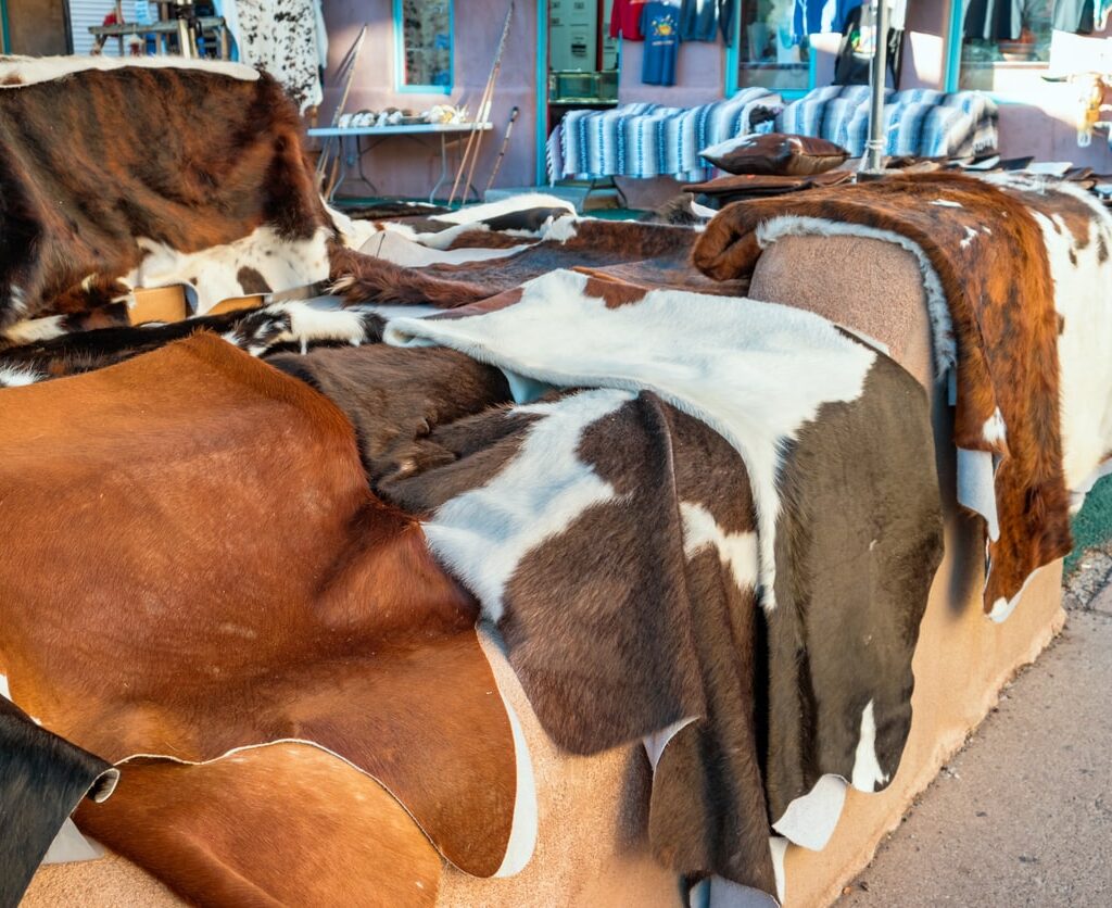 various cowhide rugs ready to be cleaned